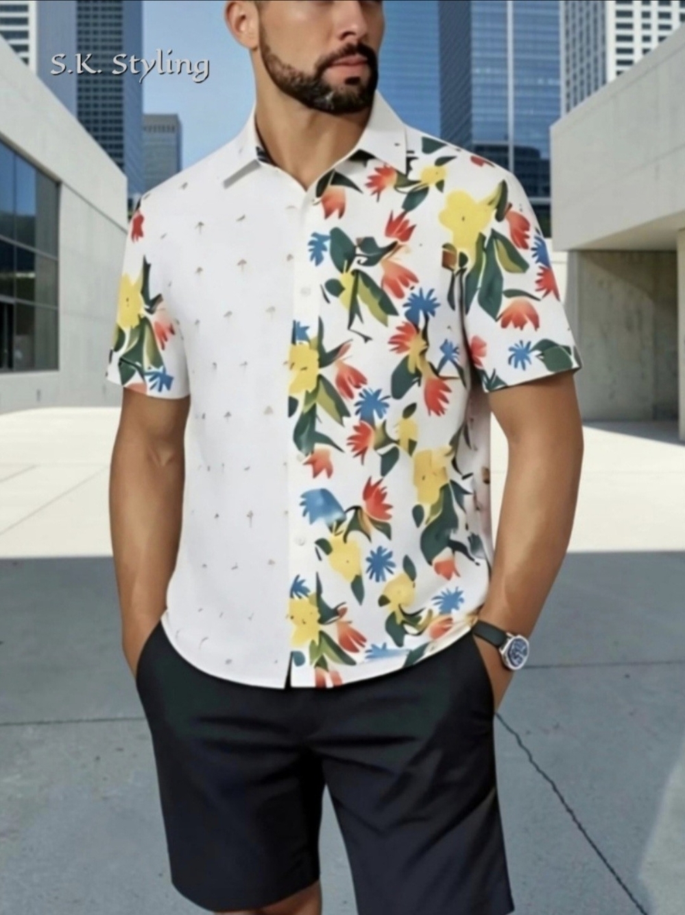 i Jeans by Buffalo Button-up Shirt Mens M Split Pattern Tropical Floral Flamingo